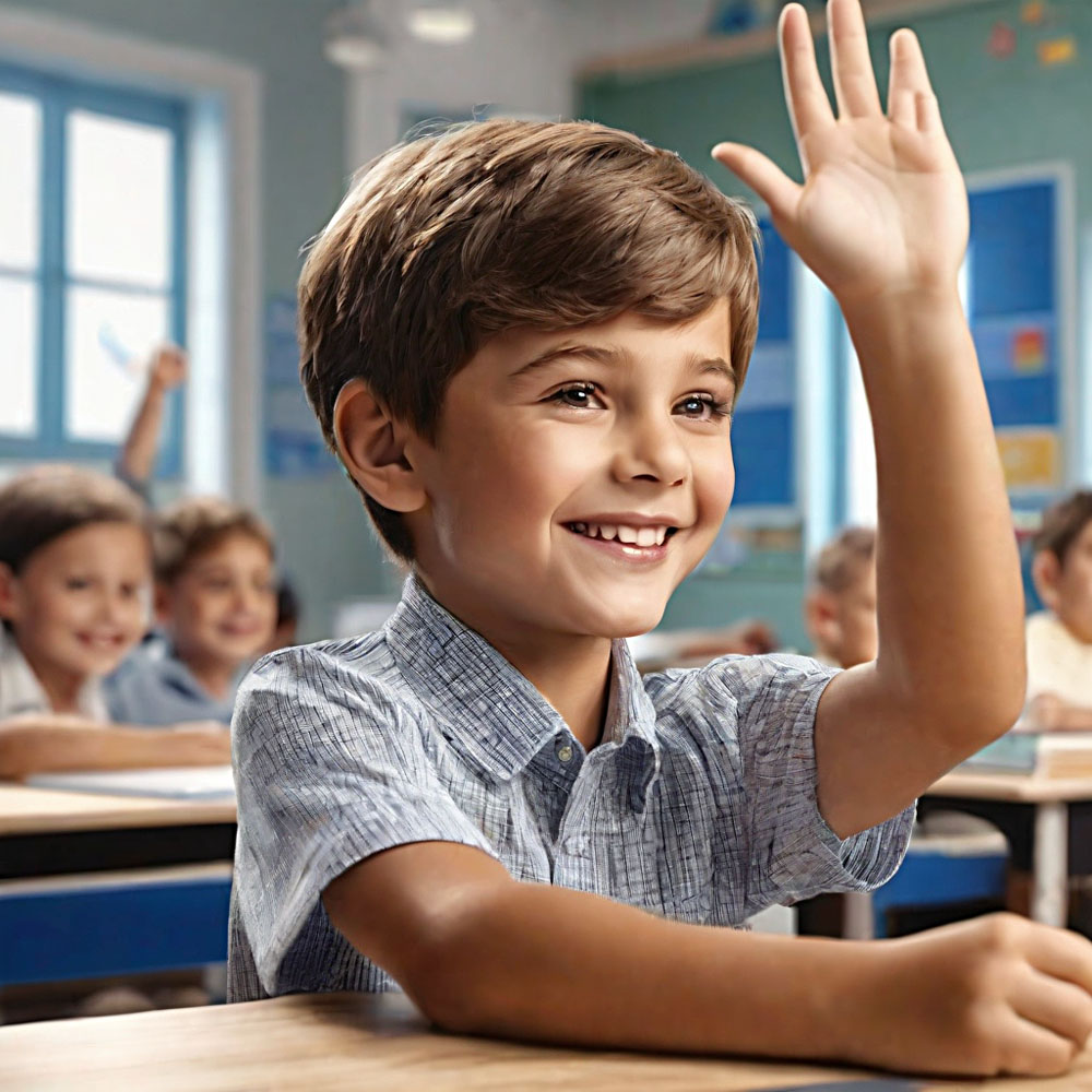 ребёнок на уроке поднимает руку